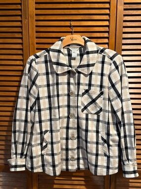 Multiples Plaid Button-Up Shacket in Black & Cream (with Tan)